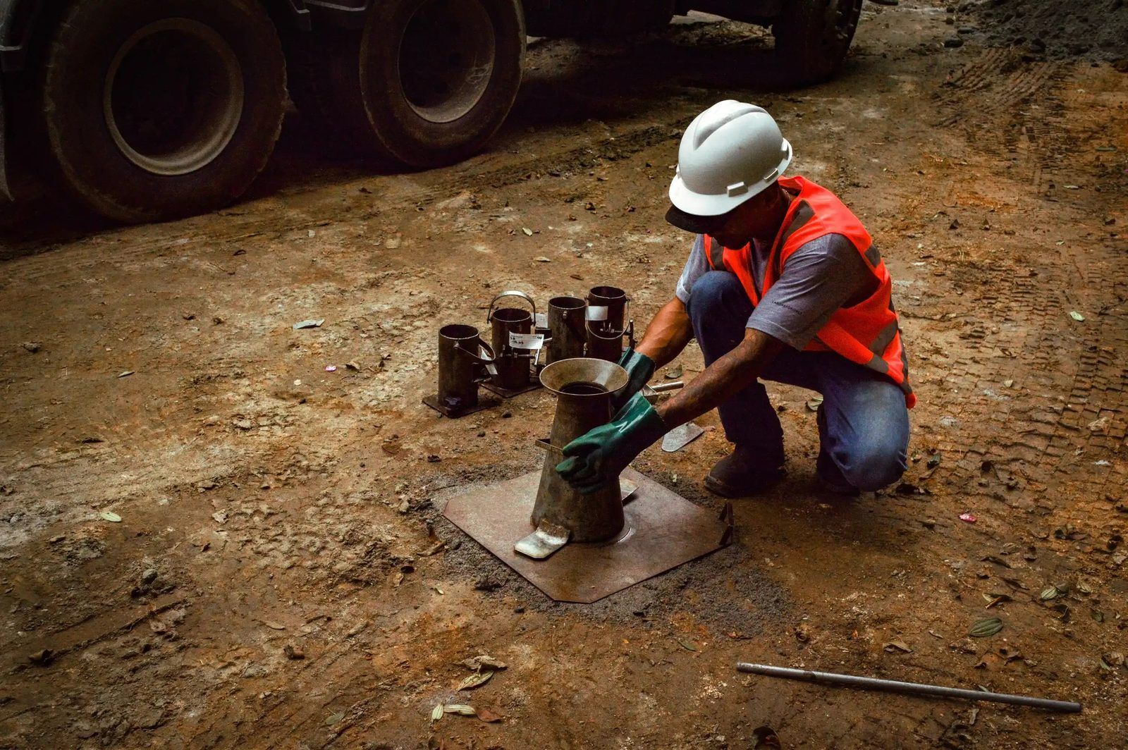 Técnico do Laboratório HCT no ensaio de abatimento, com o cone sobre a placa e os moldes de corpo de prova ao lado, no canteiro de obra