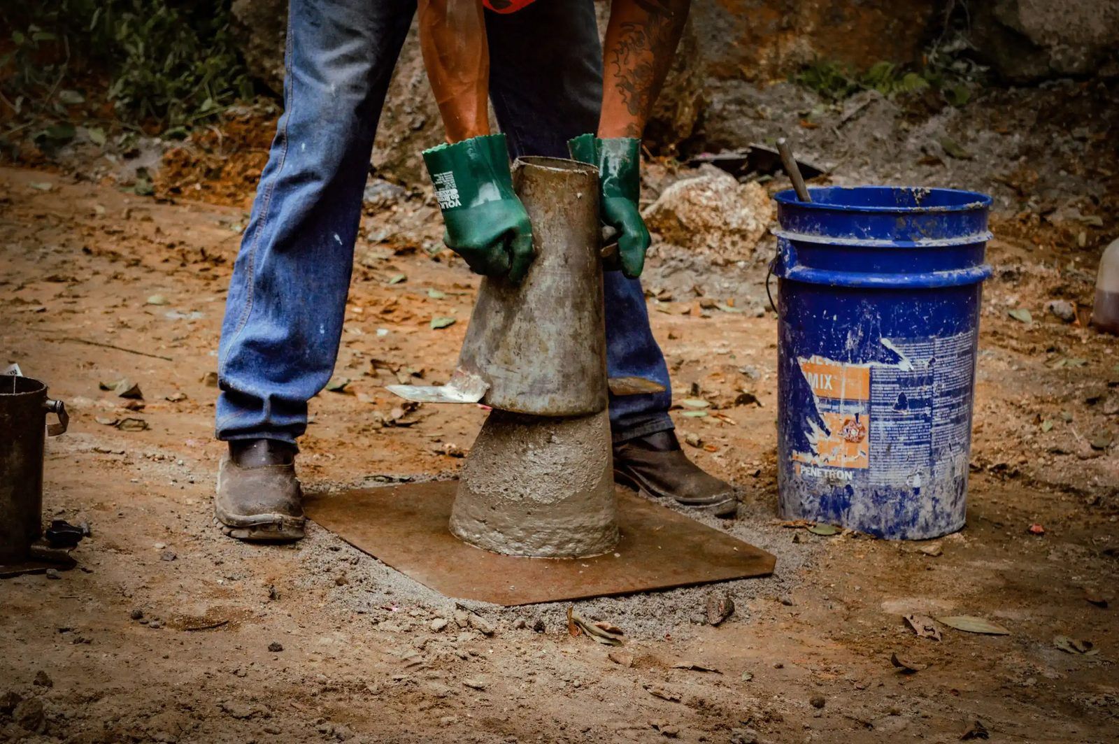 Ensaio de abatimento do concreto, o slump test, com a retirada do cone