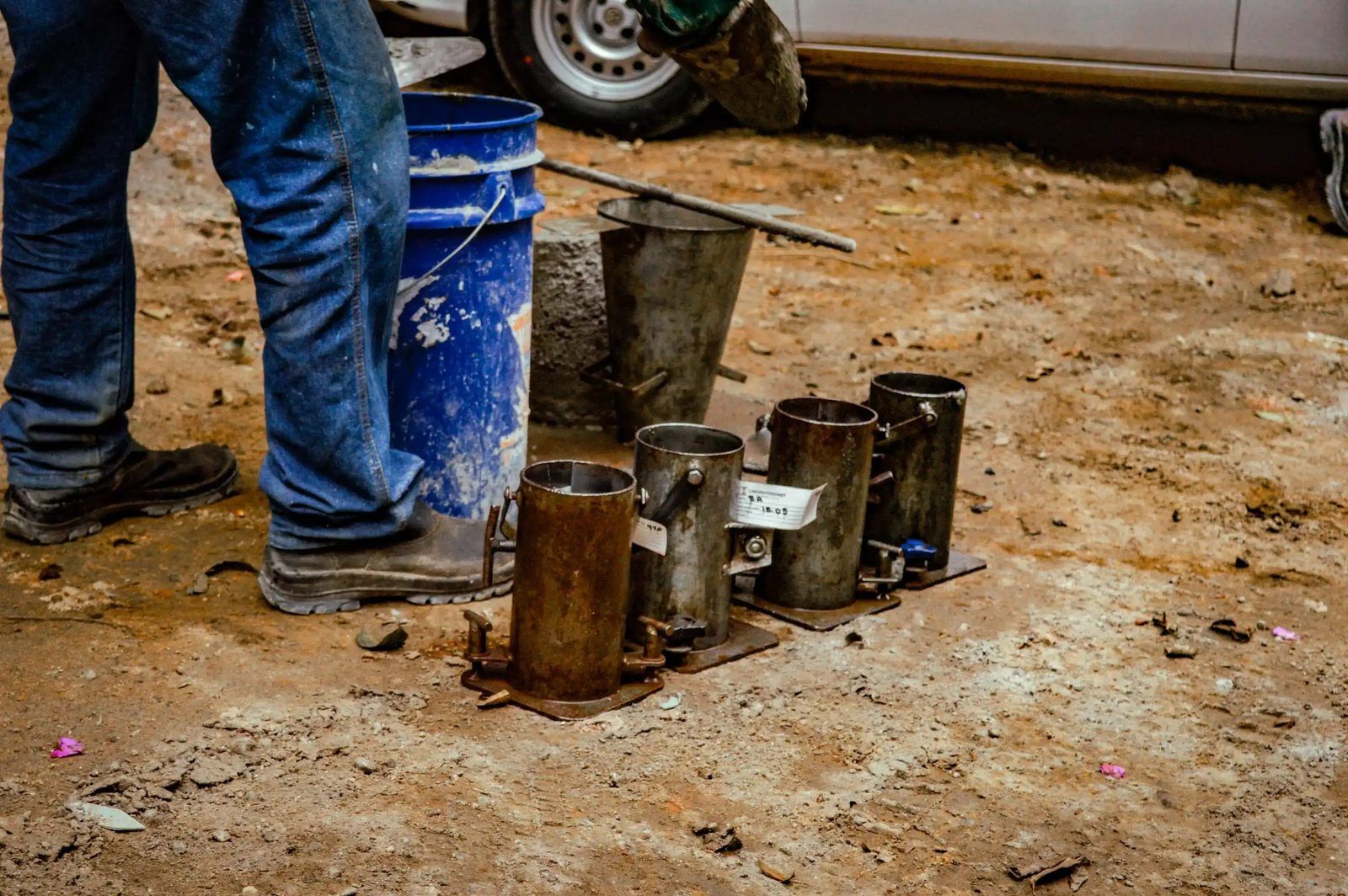 Conjunto de moldes de corpo de prova identificados e travados na placa, no canteiro de obra
