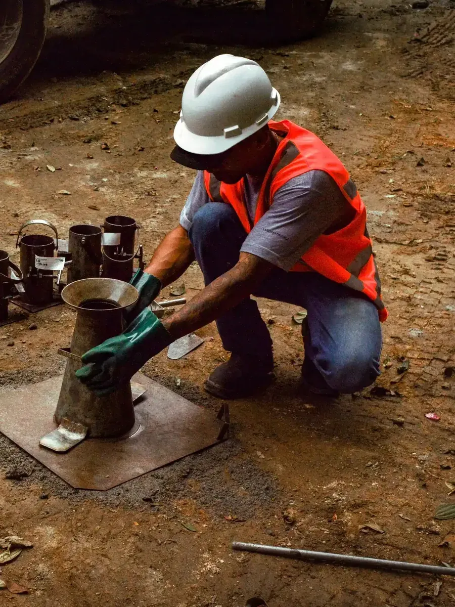 Técnico do Laboratório HCT preenchendo o cone de abatimento no canteiro de obra, com o caminhão betoneira ao fundo